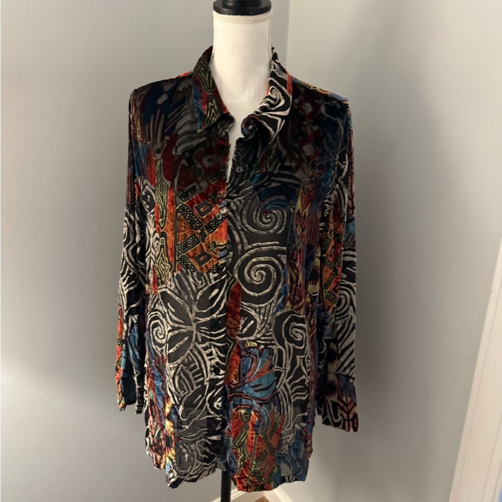 Chicos Velvet Sheer Floral Cardigan Shirt Women's XL Burnout Romantic Whimsical